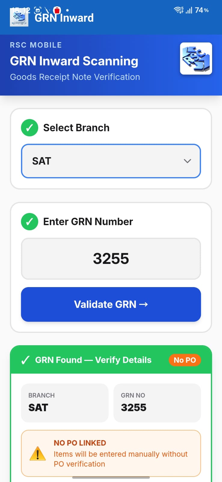 GRN Inward Android app screen