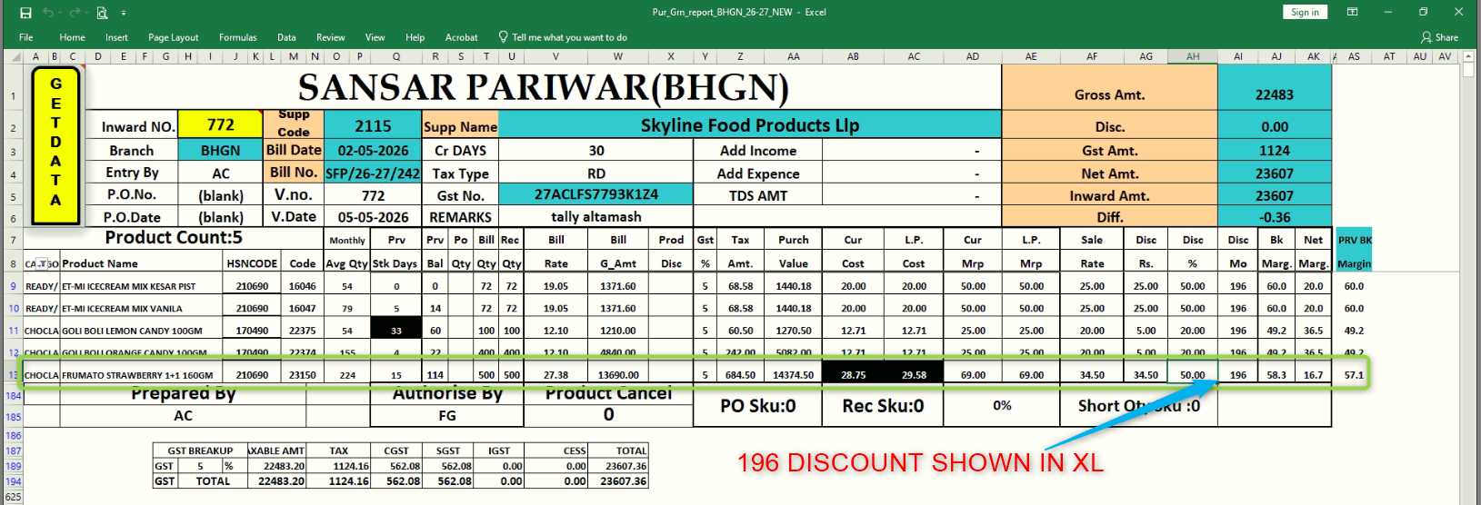 Excel supplier GRN report with GST, margins and discount analysis
